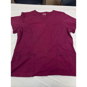 Cherokee Wine Colored Short Sleeve Mock Wrap Princess Seam Scrub Top Size XL
